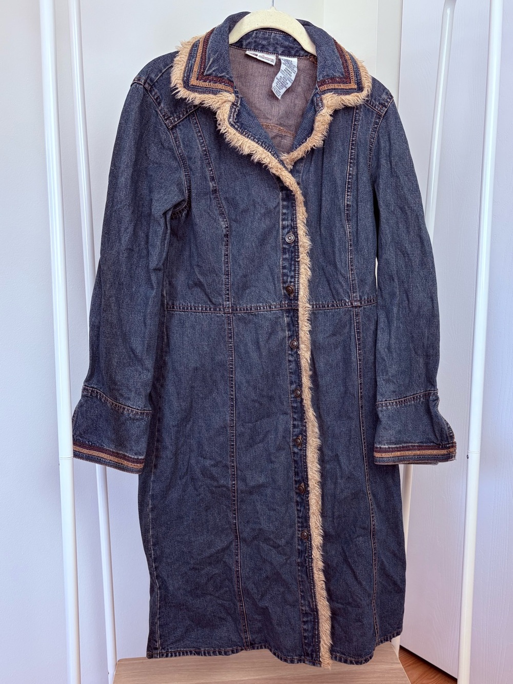 Y2K Faded Glory Denim Duster Coat with Faux Fur Trim
